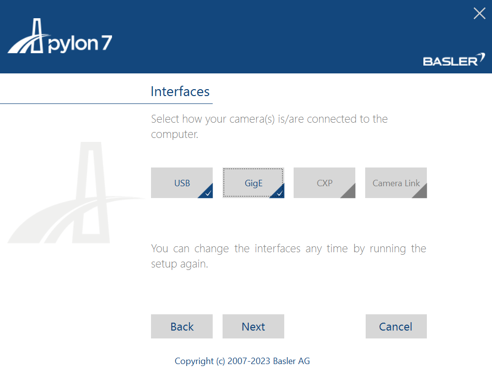 Pylon Camera Interface Selection